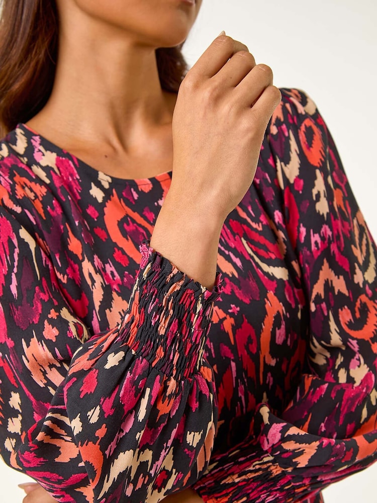 Roman Red Petite Abstract Print Shirred Cuff Midi Dress - Image 5 of 5