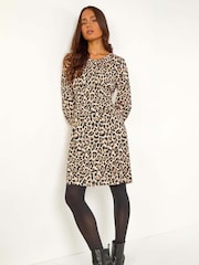 Roman Brown Petite Animal Print Gathered Waist Dress - Image 1 of 5