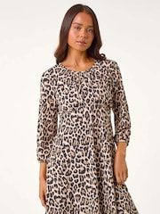 Roman Brown Petite Animal Print Gathered Waist Dress - Image 2 of 5
