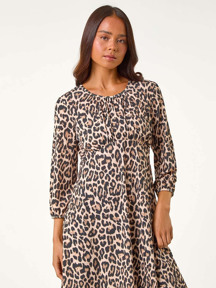Roman Brown Petite Animal Print Gathered Waist Dress - Image 2 of 5