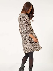 Roman Brown Petite Animal Print Gathered Waist Dress - Image 3 of 5