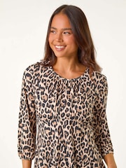 Roman Brown Petite Animal Print Gathered Waist Dress - Image 4 of 5