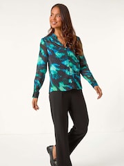 Roman Blue Petite Animal Print Button Up V-Neck Blouse - Image 2 of 5