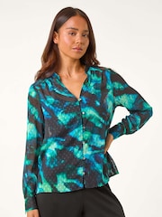 Roman Blue Petite Animal Print Button Up V-Neck Blouse - Image 4 of 5