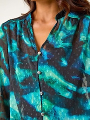 Roman Blue Petite Animal Print Button Up V-Neck Blouse - Image 5 of 5