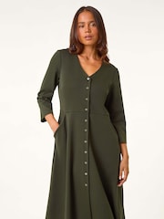 Roman Green Petite V-Neck Button Detail Stretch Dress - Image 1 of 5