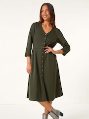 Roman Green Petite V-Neck Button Detail Stretch Dress - Image 2 of 5