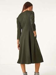 Roman Green Petite V-Neck Button Detail Stretch Dress - Image 3 of 5
