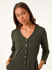 Roman Green Petite V-Neck Button Detail Stretch Dress - Image 4 of 5