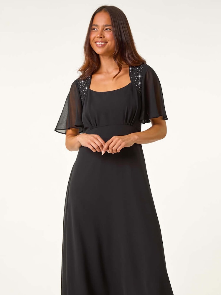 Roman Black Petite Hotfix Detail Midi Dress - Image 1 of 5