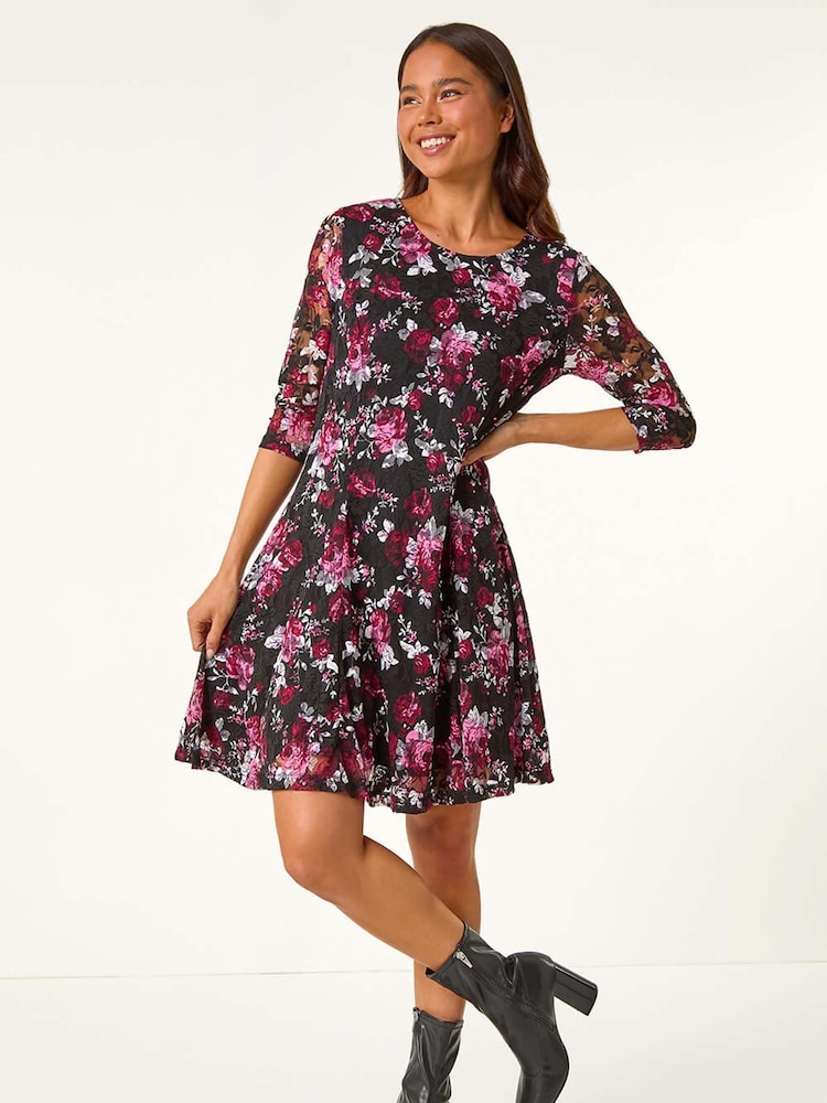 Roman Pink Petite Floral Print Fit & Flare Lace Dress - Image 2 of 5
