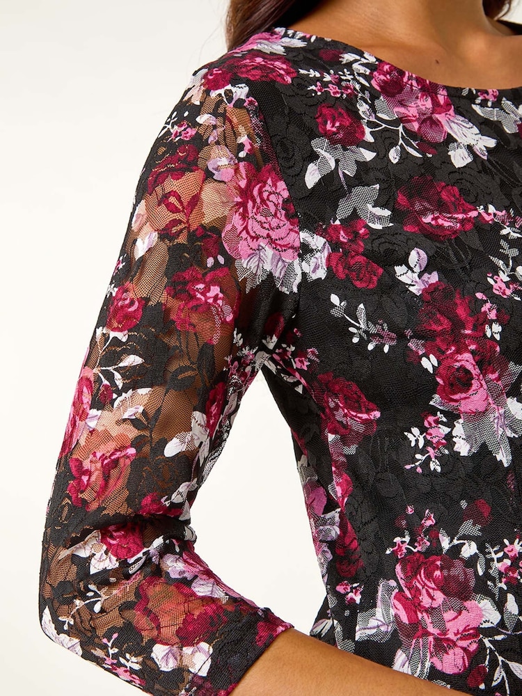 Roman Pink Petite Floral Print Fit & Flare Lace Dress - Image 5 of 5
