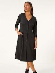 Roman Black Petite V-Neck Button Detail Stretch Dress - Image 1 of 6