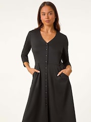 Roman Black Petite V-Neck Button Detail Stretch Dress - Image 3 of 6
