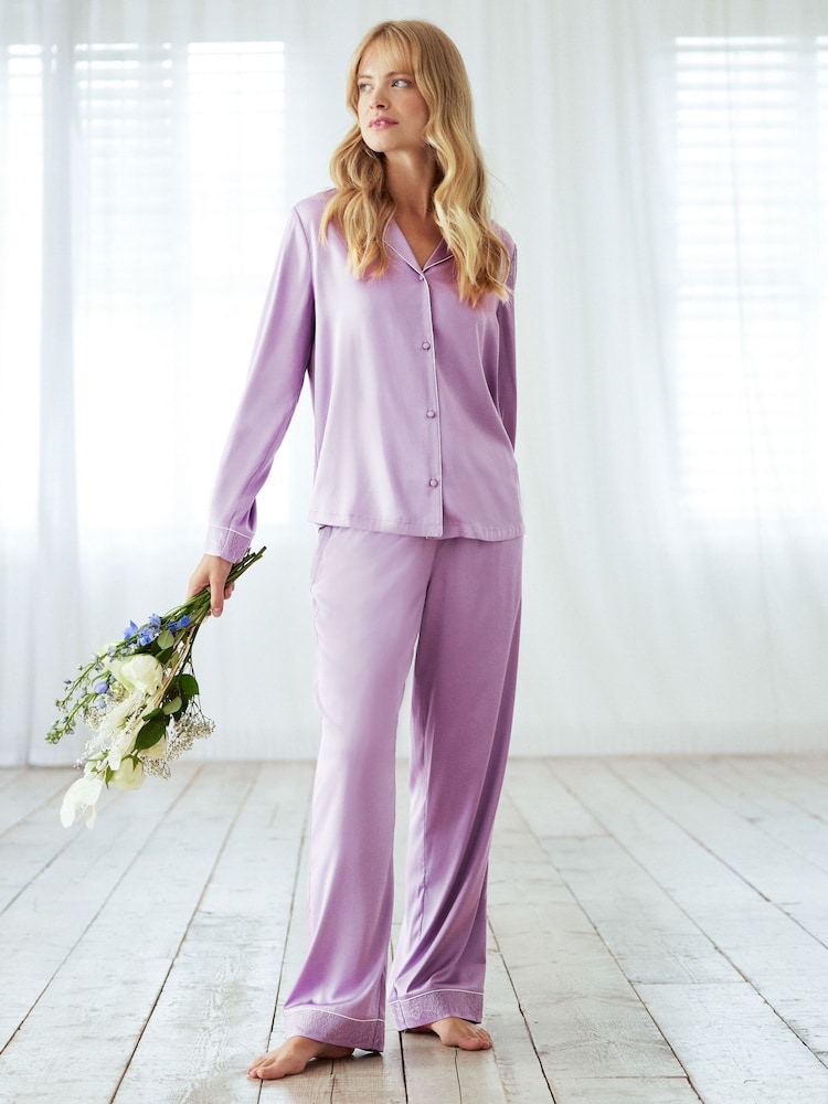 Chelsea Peers Purple Satin Lace Trim Long Pyjama Set - Image 1 of 5