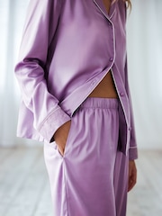 Chelsea Peers Purple Satin Lace Trim Long Pyjama Set - Image 4 of 5