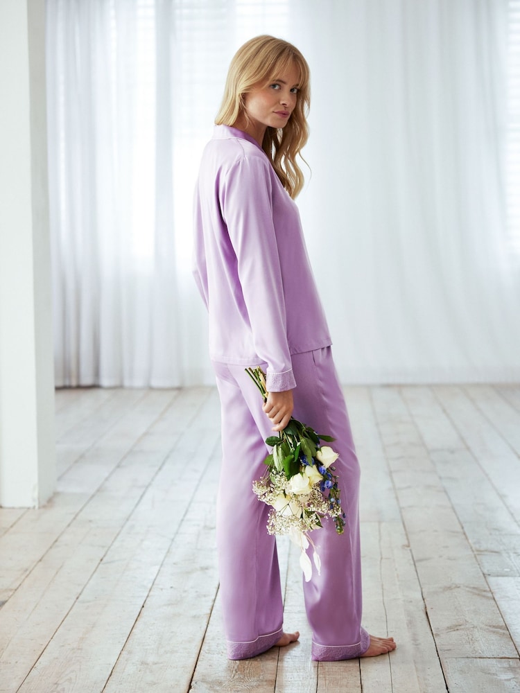 Chelsea Peers Purple Satin Lace Trim Long Pyjama Set - Image 5 of 5