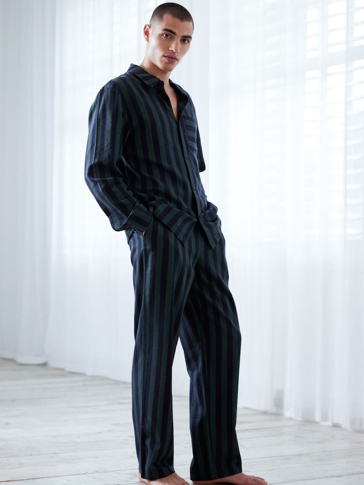 Chelsea Peers Green 100% Organic Cotton Brushed Stripe Long Pyjama Set - Image 1 of 5