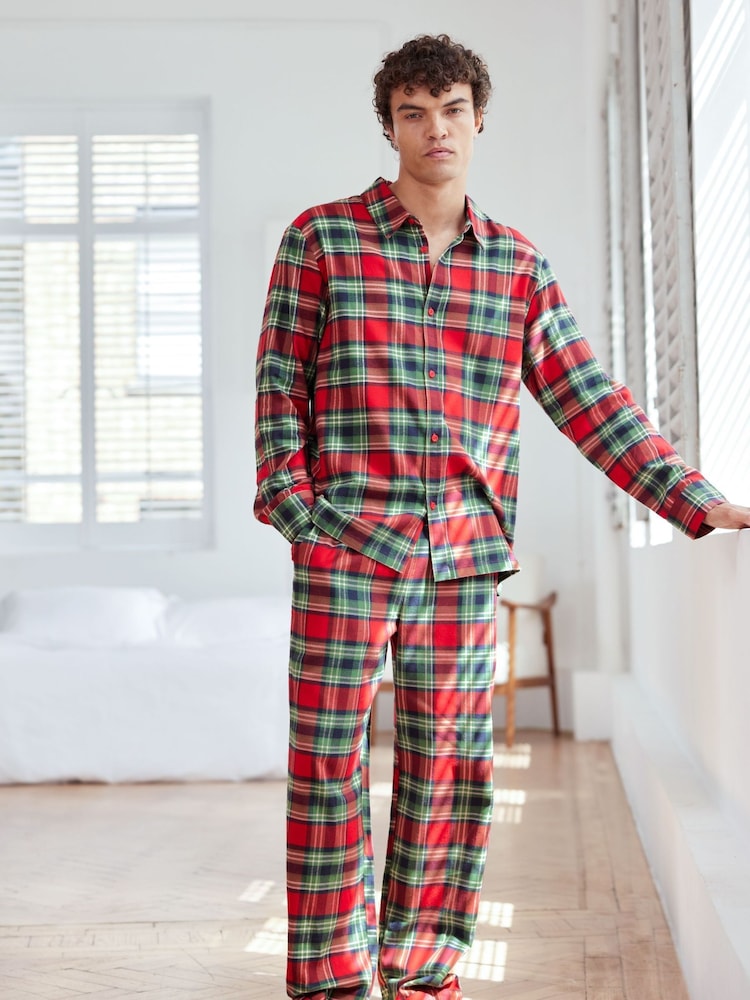 Chelsea Peers Red 100% Organic Cotton Brushed Check Long Pyjama Set - Image 1 of 5