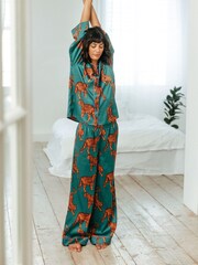 Chelsea Peers Blue Satin Tiger Print Long Pyjama Set - Image 1 of 5