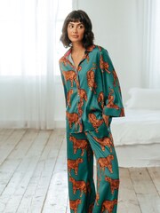 Chelsea Peers Blue Satin Tiger Print Long Pyjama Set - Image 2 of 5