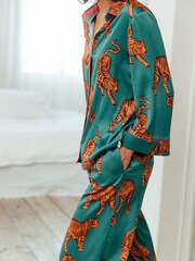Chelsea Peers Blue Satin Tiger Print Long Pyjama Set - Image 4 of 5