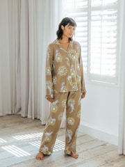 Chelsea Peers Brown Organic Cotton Celestial Zebra Frill Long Pyjama Set - Image 1 of 3