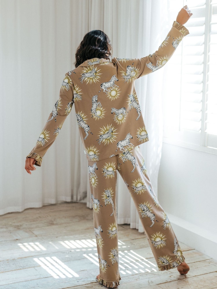 Chelsea Peers Brown Organic Cotton Celestial Zebra Frill Long Pyjama Set - Image 2 of 3