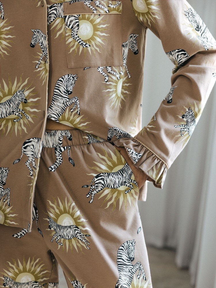 Chelsea Peers Brown Organic Cotton Celestial Zebra Frill Long Pyjama Set - Image 3 of 3