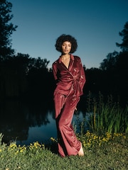 Chelsea Peers Red Velour Gold Foil Moons & Stars Long Pyjama Set - Image 1 of 5