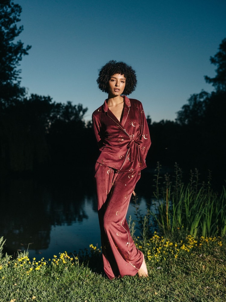 Chelsea Peers Red Velour Gold Foil Moons & Stars Long Pyjama Set - Image 1 of 5
