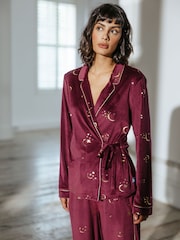 Chelsea Peers Red Velour Gold Foil Moons & Stars Long Pyjama Set - Image 3 of 5