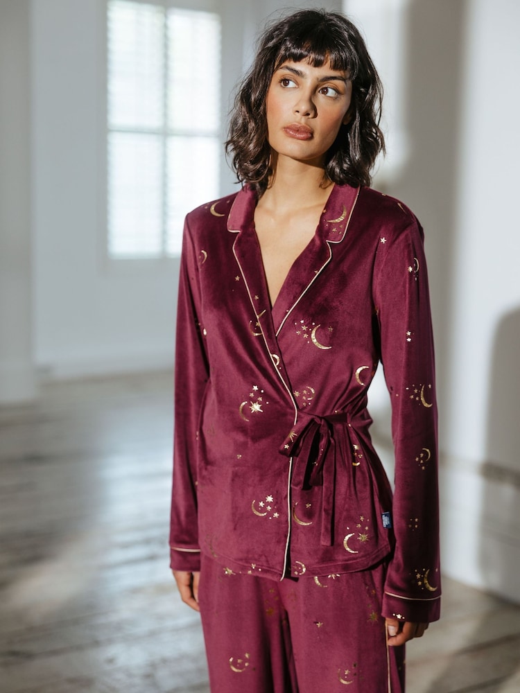 Chelsea Peers Red Velour Gold Foil Moons & Stars Long Pyjama Set - Image 3 of 5