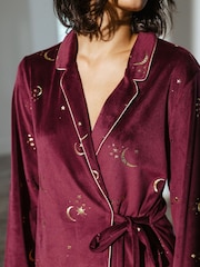 Chelsea Peers Red Velour Gold Foil Moons & Stars Long Pyjama Set - Image 4 of 5