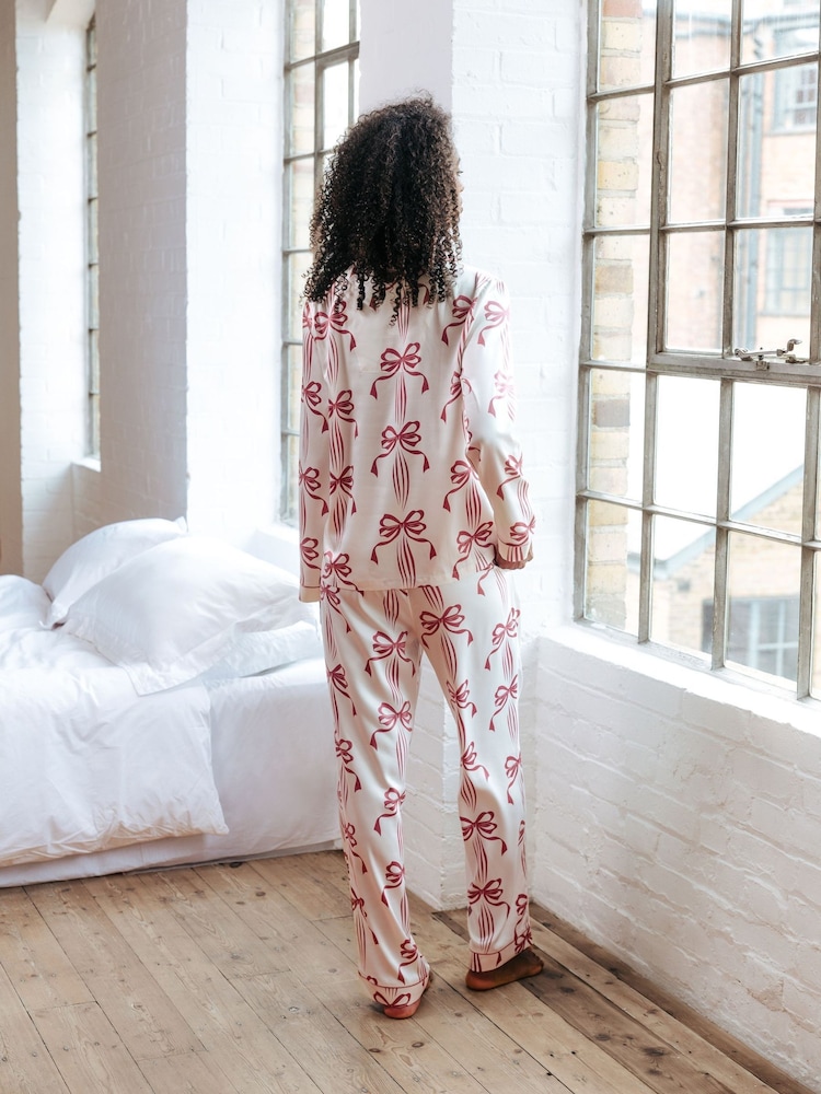 Chelsea Peers Pink Satin Christmas Ribbon Bow Print Long Pyjama Set - Image 2 of 5