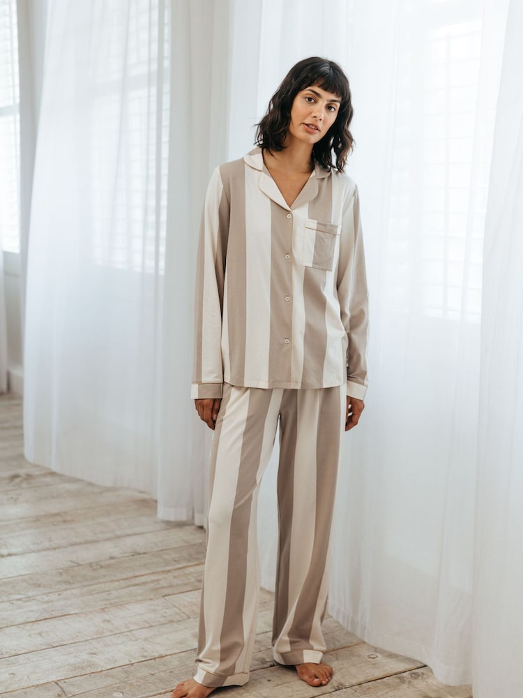 Chelsea Peers Brown Organic Cotton Stripe Long Pyjama Set - Image 1 of 5 Chelsea Peers Brown Organic Cotton Stripe Long Pyjama Set - Image 1 of 5