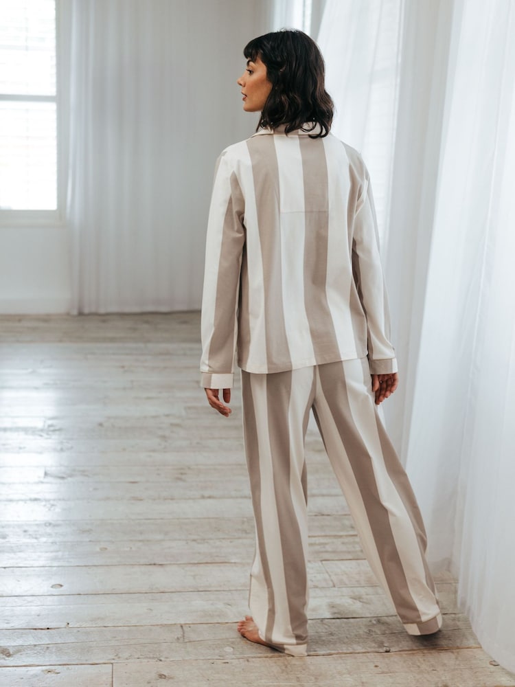 Chelsea Peers Brown Organic Cotton Stripe Long Pyjama Set - Image 2 of 5 Chelsea Peers Brown Organic Cotton Stripe Long Pyjama Set - Image 2 of 5