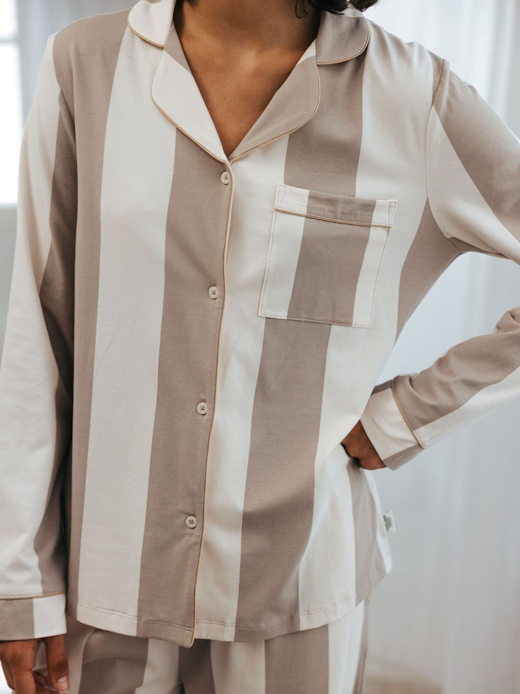 Chelsea Peers Brown Organic Cotton Stripe Long Pyjama Set - Image 5 of 5 Chelsea Peers Brown Organic Cotton Stripe Long Pyjama Set - Image 5 of 5
