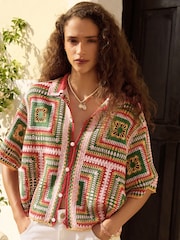 Bright Multi Square Crochet Short Sleeve Co-Ord Shirt - Image 3 of 8