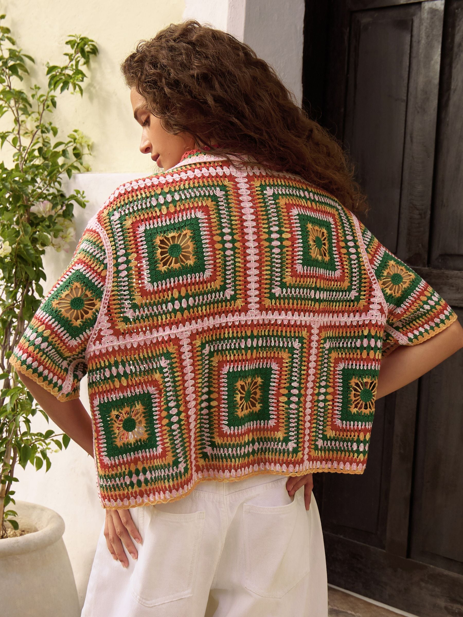 Buy Bright Multi Wave Crochet Collared Short Sleeve Shirt from