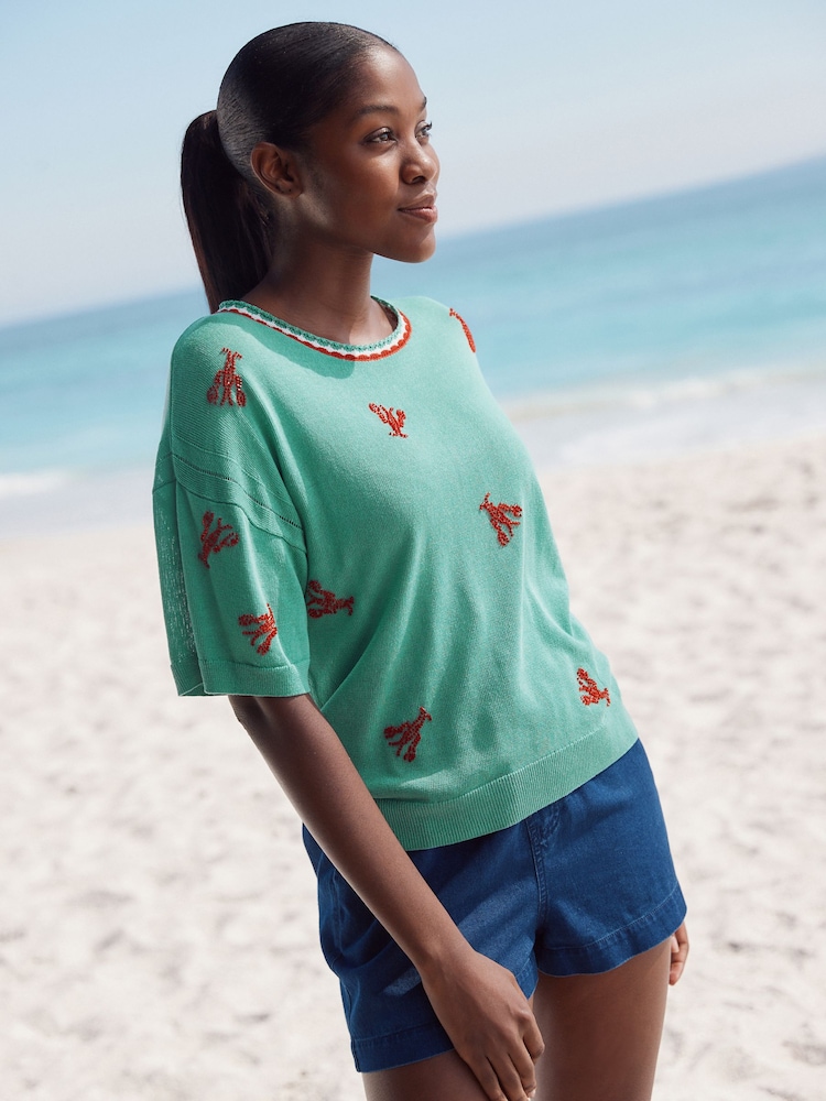 Teal Green Lobster Short Sleeve Crew Neck T-Shirt With Linen - Image 1 of 8