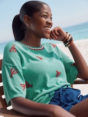 Teal Green Lobster Short Sleeve Crew Neck T-Shirt With Linen - Image 2 of 8