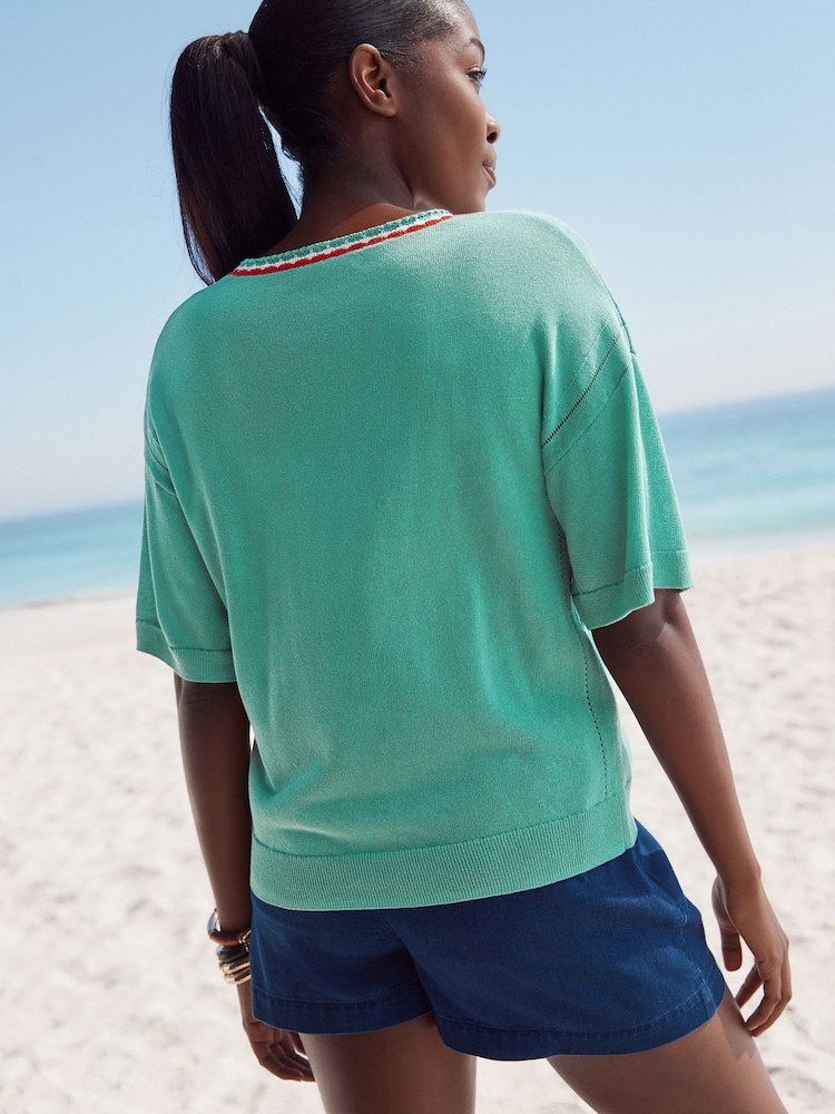 Teal Green Lobster Short Sleeve Crew Neck T-Shirt With Linen - Image 3 of 8