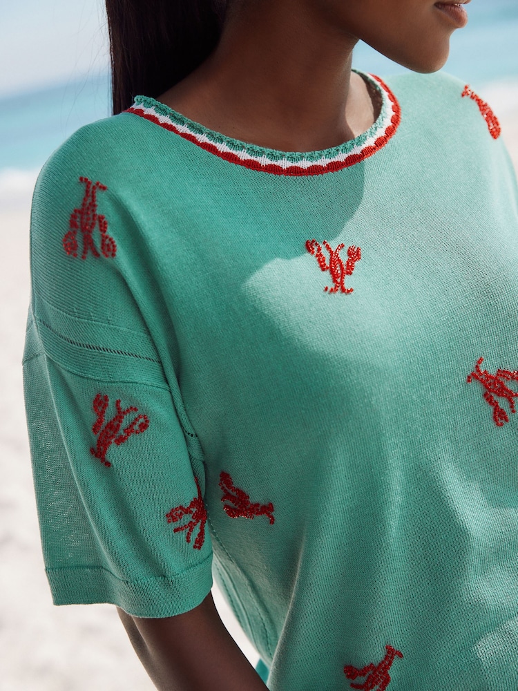 Teal Green Lobster Short Sleeve Crew Neck T-Shirt With Linen - Image 4 of 8