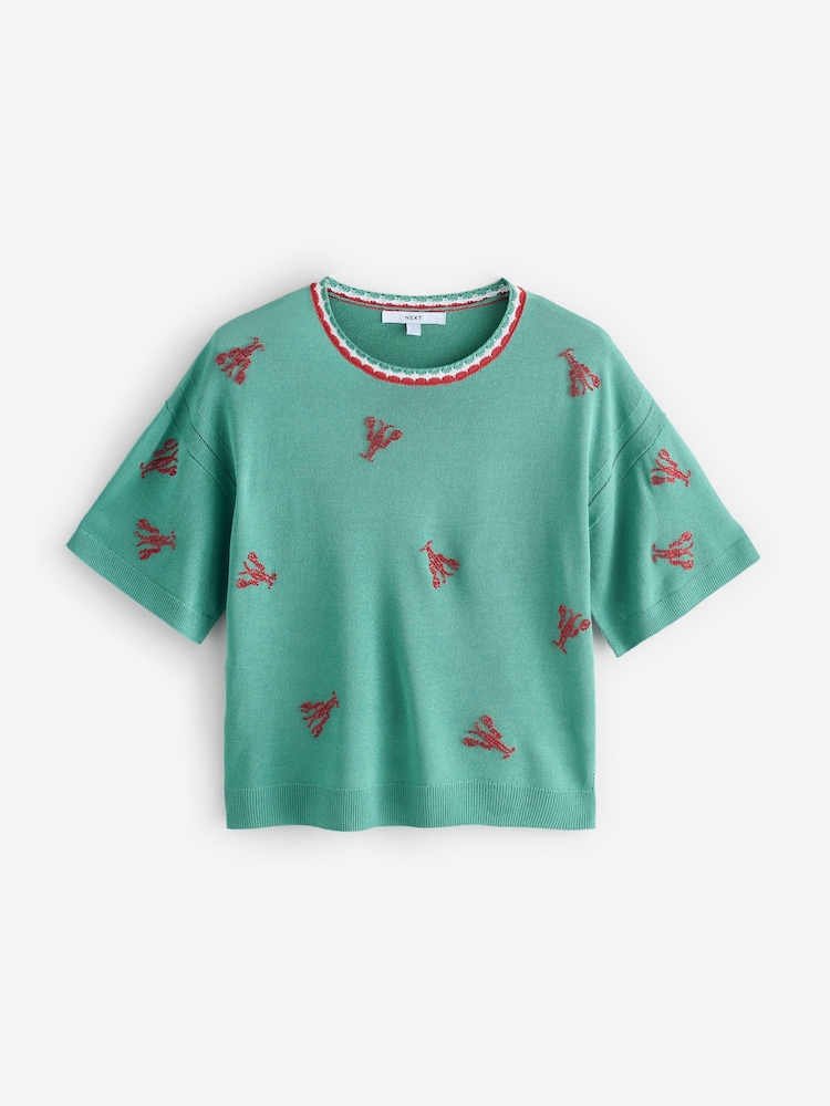 Teal Green Lobster Short Sleeve Crew Neck T-Shirt With Linen - Image 5 of 8