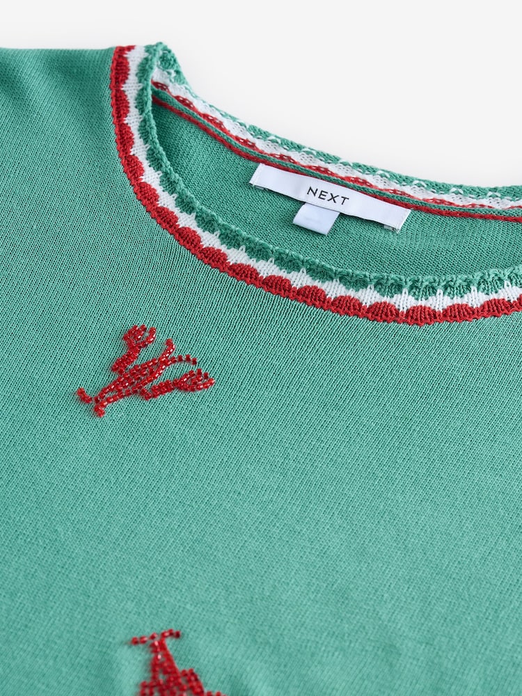 Teal Green Lobster Short Sleeve Crew Neck T-Shirt With Linen - Image 7 of 8