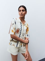 Abstract Sunshine Knitted Collared Short Sleeve Shirt With Linen - Image 1 of 8