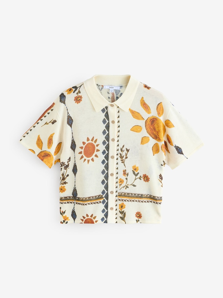 Abstract Sunshine Knitted Collared Short Sleeve Shirt With Linen - Image 6 of 8