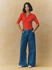 Red Button Up Crew Neck Short Sleeve Top With Linen - Image 1 of 8