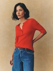 Red Button Up Crew Neck Short Sleeve Top With Linen - Image 2 of 8